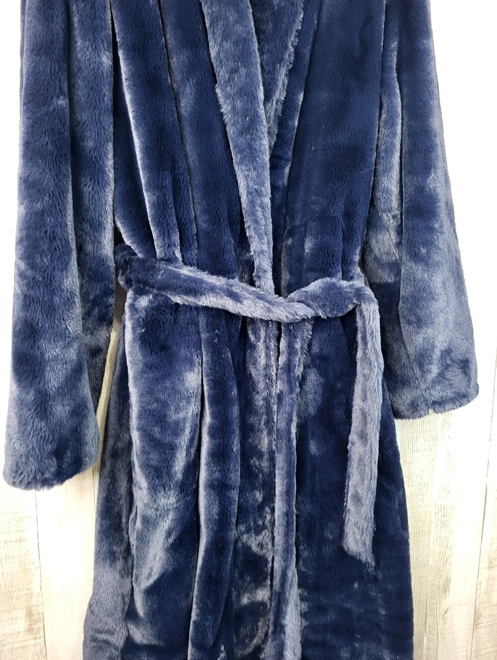 Minky Couture Plush Faux Fur Navy Bkue Robe Coat with Belt XL - Picture 4 of 10
